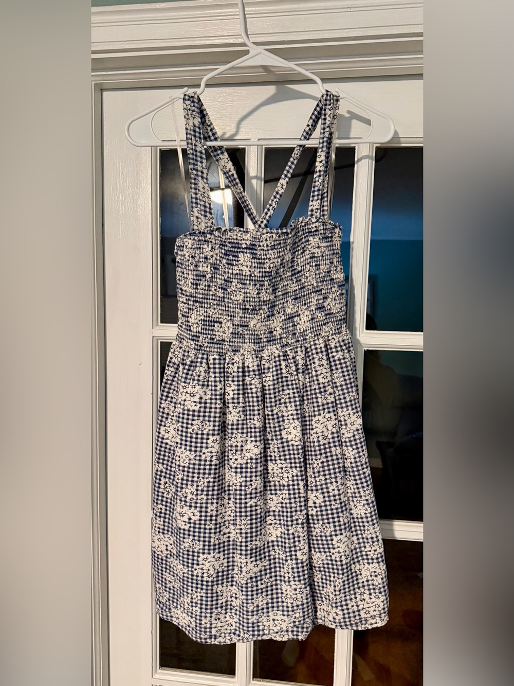American Eagle Outfitters Navy and White Smocked Gingham Floral Dress